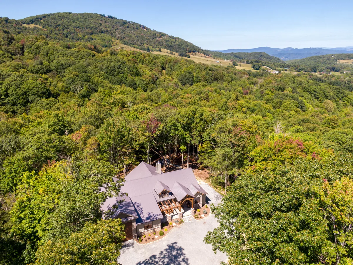 A modern cabin nestled in a serene forest with a breathtaking mountain backdrop. The home stands out with its sleek lines, large windows, and energy-efficient design, blending comfort with the wild surroundings.